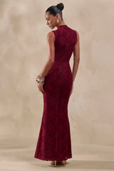 Ravissa | Burgundy Sheer Lace High-Neck Maxi Dress