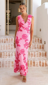 Nikova Maxi Dress - Pink Embroidery