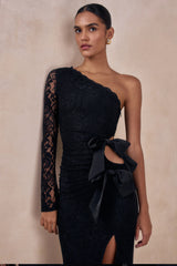Norna | Black Lace Asymmetric-Neck Maxi Dress With Cut-Out And Bow Details