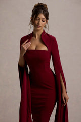 Linden | Burgundy Bodycon Cape-Sleeve Midi Dress