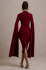 Linden | Burgundy Bodycon Cape-Sleeve Midi Dress
