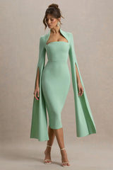 Linden | Light Green Bodycon Cape-Sleeve Midi Dress