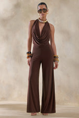 Clemence | Brown Plunge-Neck Jumpsuit
