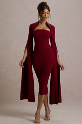 Linden | Burgundy Bodycon Cape-Sleeve Midi Dress