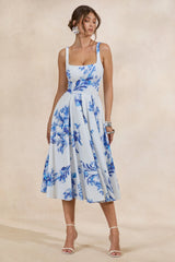Lissa | Blue Floral Print Square-Neck Midi Dress