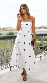 Tahlia Midi Dress - White Polka Print