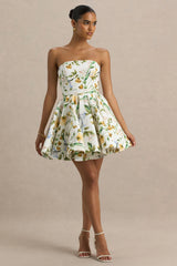 Valerian | Lemon Floral Print Bandeau Mini Dress With Ruffle Hem