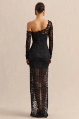 Orlania | Black Lace Asymmetric-Neck Maxi Dress With Asymmetric-Hem