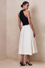 Alessa | Black & White Plunge-Neck Tailored Midi Dress