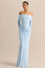 Helia | Blue Bardot Neck Thong Bodysuit With Ruched Long Sleeves