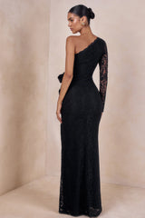 Norna | Black Lace Asymmetric-Neck Maxi Dress With Cut-Out And Bow Details