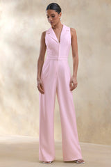 Brillora | Light Pink Plunge-Neck Tailored Jumpsuit