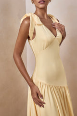 Cala | Lemon Matte Satin Plunge-Neck Maxi Dress With Bow-Sleeves