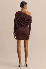 Inoria | Brown Asymmetric-Neck Mini Dress