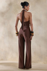 Clemence | Brown Plunge-Neck Jumpsuit