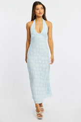 Blue Midi Dress Halter Neck