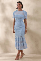 Leanne | Powder Blue Mesh And Lace Crew-Neck Fishtail Midi Dress
