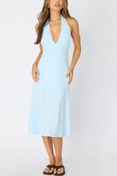 Blue Midi Dress Deep V-neck