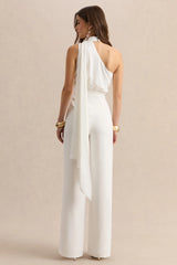 Gliselle | White Asymmetric-Neck Jumpsuit With Scarf-Detail