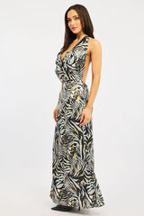 Black Animal Print Cowl Neck Maxi Dress