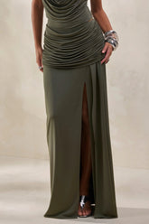 Ariadne | Khaki Draped Maxi Skirt With Split