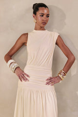 Myssara | Cream High-Neck Maxi Dress Gathered-Detailing