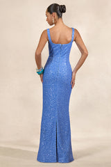 Lucelle | Powder Blue Sequin Scoop-Neck Maxi Dress