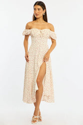 White Ditsy Midi Dress Puff Sleeve