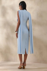 Lysandria | Powder Blue High-Neck Midi Dress With Draped-Detailing