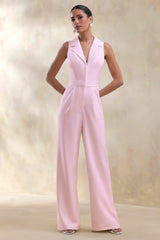 Brillora | Light Pink Plunge-Neck Tailored Jumpsuit