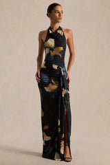 Sunflower | Dark Lily Print High-Neck Maxi Dress With Front-High Split