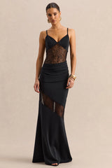 Belvair | Black Satin And Lace Maxi Dress With Draped-Detail