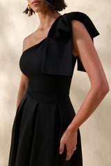 Meria | Black Asymmetric-Neck Midi Dress With Bow-Sleeve