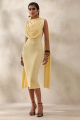 Lysandria | Lemon High-Neck Midi Dress With Draped-Detailing