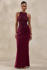Anthelia | Burgundy Lace And Satin Racer-Neck Maxi Dress With Draped-Detail