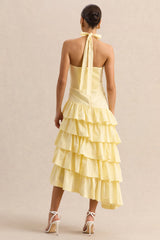 Velora | Lemon Asymmetric Midi Dress With Tiered-Ruffled Skirt