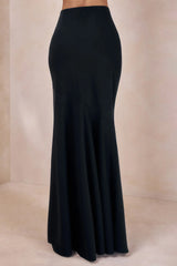 Vayla | Black Matte Satin Asymmetric Drop-Waist Maxi Skirt
