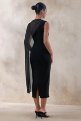 Caloria | Black Asymmetric-Neck Midi Dress With Mesh-Cape