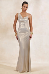 Galaxy Shimmer | Champagne Bias Cut Cowl Front Maxi Dress