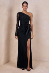 Norna | Black Lace Asymmetric-Neck Maxi Dress With Cut-Out And Bow Details