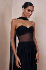 Lyvoria | Black Bandeau Maxi Dress With Mesh-Detail And Scarf
