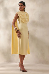 Lysandria | Lemon High-Neck Midi Dress With Draped-Detailing
