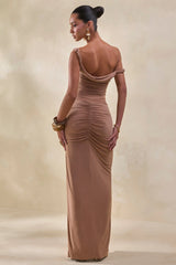 Idris | Brown Twisted Waist Maxi Skirt With Front Split