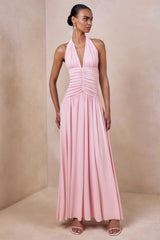 Bettina | Pink Plunge-Neck Maxi Dress With Gathered-Detailing