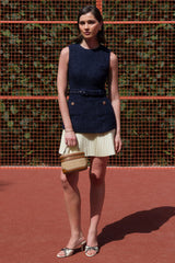 Anise | Navy Crew-Neck Belted Mini-Dress With White Pleated-Hem