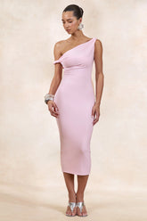 Sarafina | Light Pink Twisted Asymmetric-Neck Midi Dress