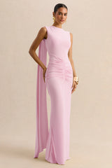 Premiere | Light Pink Boat-Neck Maxi Dress With Cape-Sleeves And Open-Back