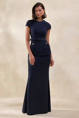 Whispera | Navy Crew-Neck Maxi Dress With Satin Skirt And Pocket-Details