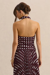Lirona | Brown Polka-Dot Satin High-Neck Top