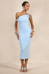 Sarafina | Light Blue Twisted Asymmetric-Neck Midi Dress